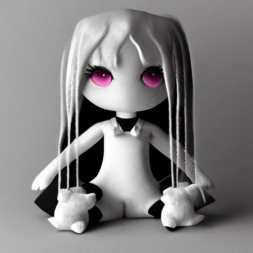 Prompt: cute fumo plush of a gothic girl who is hiding a monster in her purse, tendrils bursting out, black and white, vray