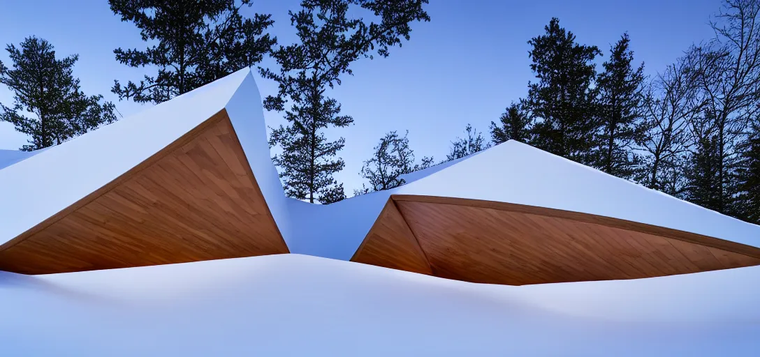 Prompt: faceted roof planes lift and descend creating shade and architectural expression, highly detailed, situated in snow, vivid color, dusk