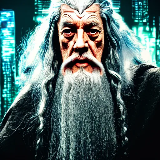 Image similar to Gandalf is a cyborg, cyberpunk, exobiology, hyper realistic, hyper detailed, realistic picture, epic game portrait, high angle shot, Long shot, 4k post-processing highly detailed, , 35mm, Kodachrome film, photograph