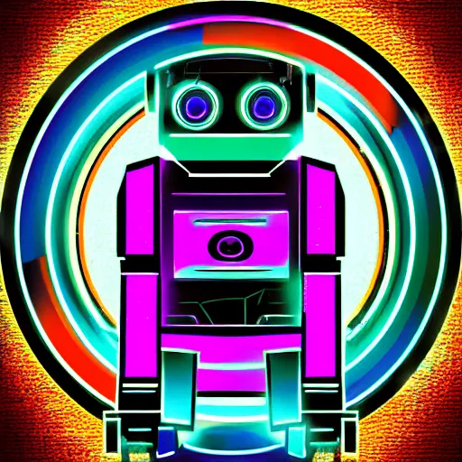 Image similar to artificial intelligence logo, in the middle is a portrait of the robot wall - e in the style of cyberpunk neon art highly detailed colorful image, sharp focus, bright colors