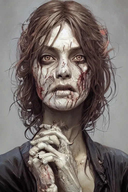 Prompt: beautiful portrait of walking dead zombie by terry o'neill intricate, elegant, highly detailed, digital painting, glowing skin, artstation, concept art, soft, sharp focus, bright lighting, illustration, art by artgerm and greg rutkowski and alphonse mucha