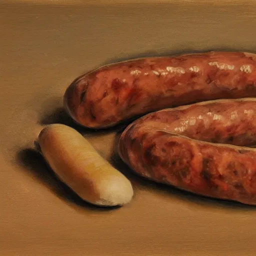 Prompt: old child draws a sausage, anatomically correct, oil painting, hyper realistic, 8 k highly detailed