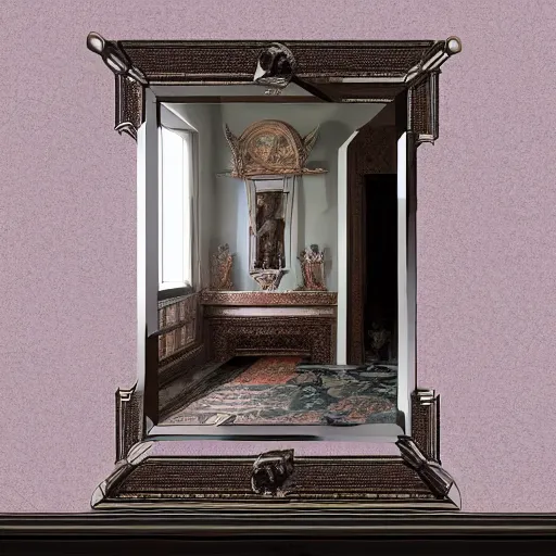 Prompt: castle interior with a mirror in the shape of an antique silver tray floating and shooting purple magic, digital art