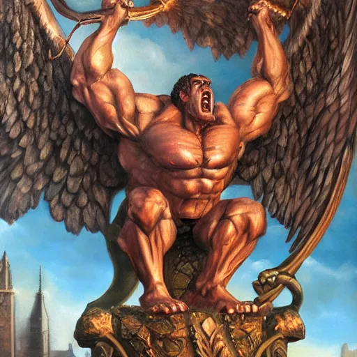 Image similar to an oil painting of a big, proud muscular Gargoyle, art by Greg Rutkovski, Renaissance Port City background, fangs, gray skin, angel wings, 1450