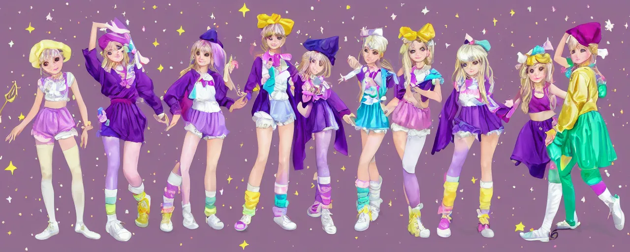 Prompt: A character sheet of full body cute magical girls with short blond hair wearing an oversized purple Beret, Purple overall shorts, Short Puffy pants made of silk, pointy jester shoes, a big billowy scarf, and white leggings. Rainbow accessories all over. Flowing fabric. Golden Ribbon. Covered in stars. Fancy Dress. Jasmine Pants. Short Hair. Art by Johannes Helgeson and william-adolphe bouguereau and Paul Delaroche and Alexandre Cabanel and Lawrence Alma-Tadema and WLOP and Artgerm. Fashion Photography. Decora Fashion. harajuku street fashion. Kawaii Design. Intricate, elegant, Highly Detailed. Smooth, Sharp Focus, Illustration Photo real. realistic. Hyper Realistic. Sunlit. Moonlight. Dreamlike. Fantasy Concept Art. Surrounded by clouds. Artist Clothes. Painter Clothes. Dreamer. 4K. UHD. Denoise.