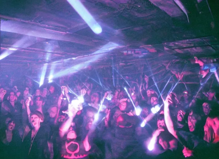 Image similar to satanic 90's underground warehouse rave, laser light show, large crowd, detailed photograph
