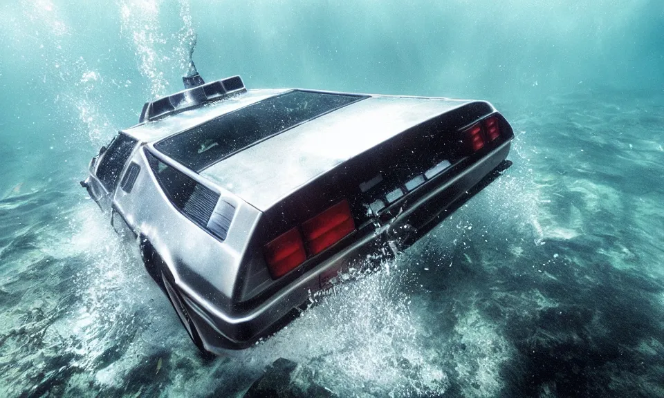 Image similar to photo of a delorean swimming underwater with sharks