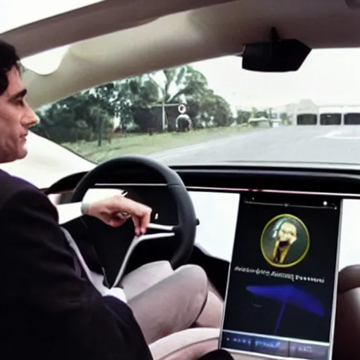 Image similar to photo of Ayrton Senna talking on smarthphone, driving a tesla