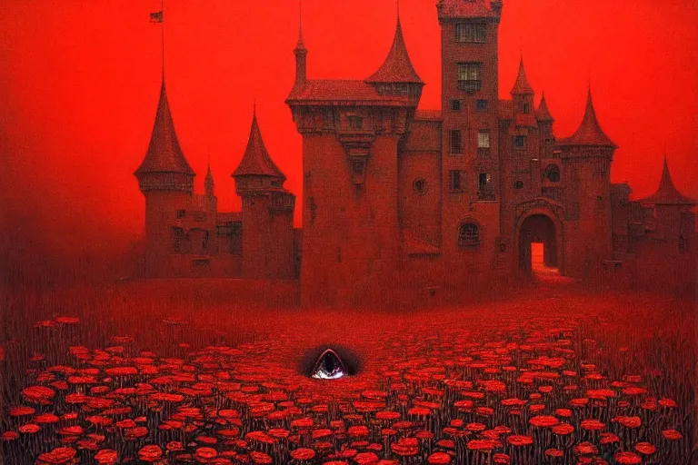 Image similar to only with red, red creepy eyes, a red tiger, a castle in the background, medieval demons dance over the flowers, an ancient path, in the style of beksinski, part by hopper, part by rodcenko, part by hofbauer, intricate composition, red by caravaggio, insanely quality, highly detailed, masterpiece, red light, artstation