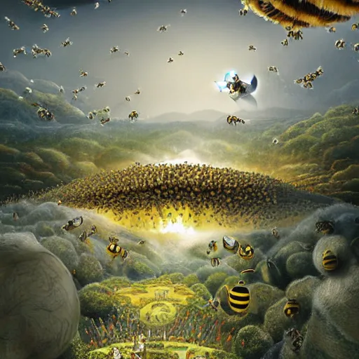 Image similar to a world of bees, storie grubb, 8k, very detailed, matte painting, digital art