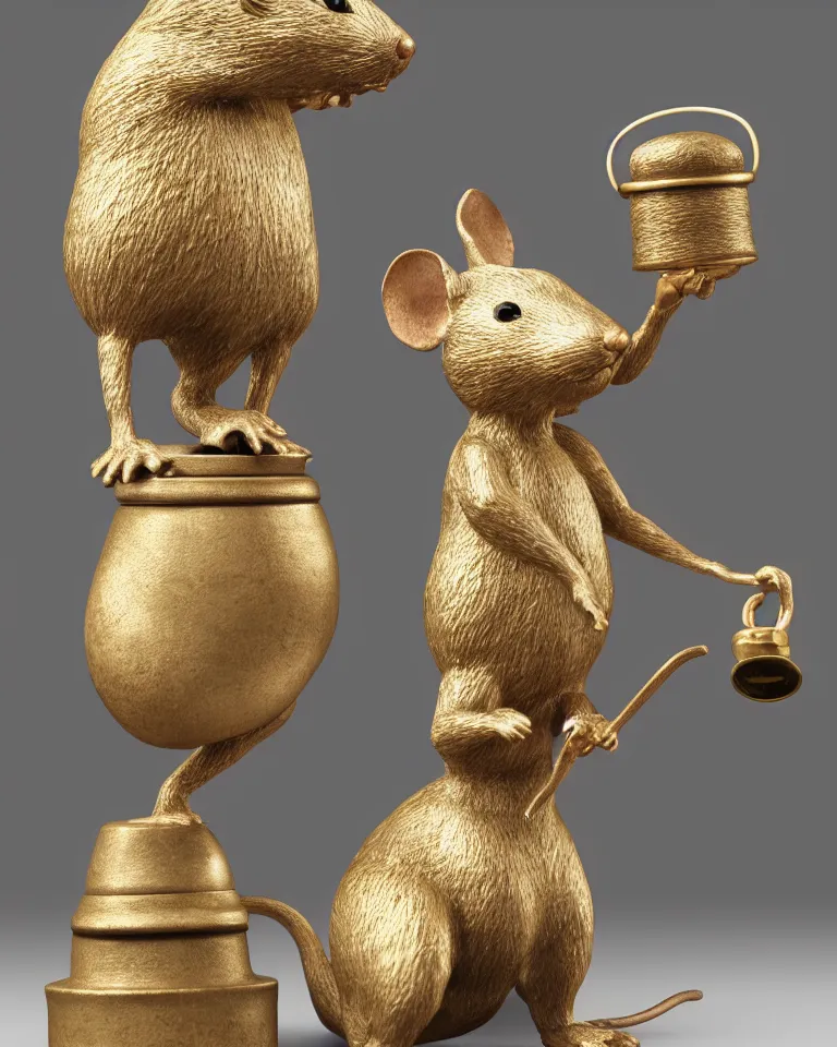 Image similar to a hyperrealistic, highly detailed statue of a mouse standing on two legs and holding a round bell made of white marble and gold, dramatic lighting, trending on artstation, sigma 5 0, hyper realisitic