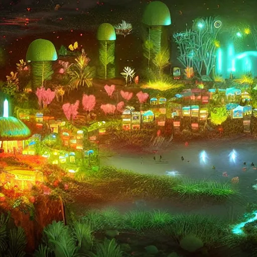 Image similar to bioluminescent forest village