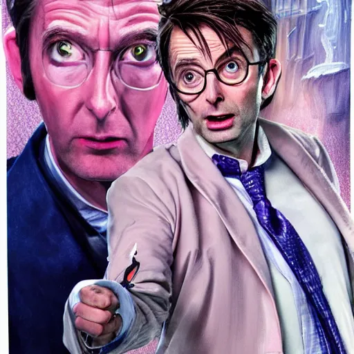 Image similar to david tennant as tenth doctor who and donald trump in pink clothes in tardis, highly detailed, artstation, concept art, fantasy, smooth, sharp focus, illustration, perfect face, art by nikolay makovsky, jacek malczewski, arthur hughes, edward okun, franz xaver winterhalter