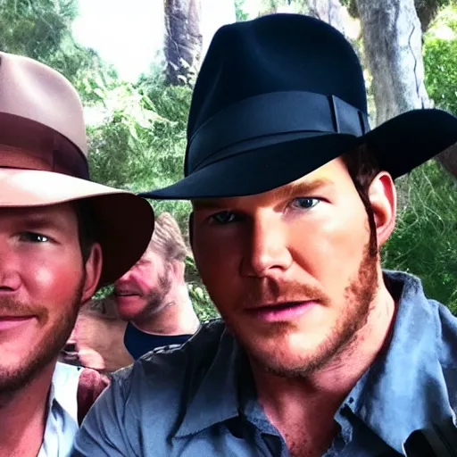 Prompt: chris pratt as indiana jones taking a selfie with an older harrison ford, instagram, cinematic