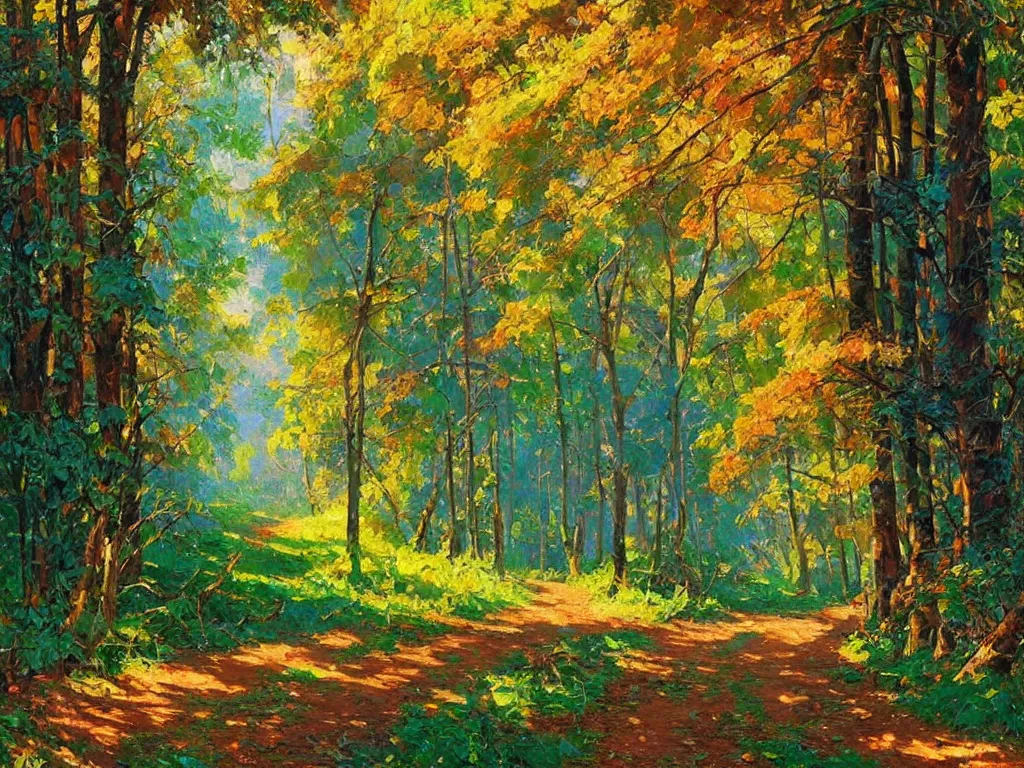 Image similar to majestic nature scenery, forest path, breathtaking oil painting by erin hanson, alexi zaitsev, karl spitzweg, craig mullins, award winning, impressionistic