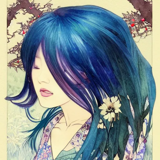 Image similar to side view a beautiful and inspiring intricate watercolor illustration artwork bright blue hair japanese beautiful sweet girl in the forest, feeling the nature, eyes closed, 4 k, ultra - wide angle, by william turner, by victo ngai, by alphonse mucha, by miho hirano, hd, trending on artstation, hyper detailed, muted colors, inspiring, beautiful, energetic