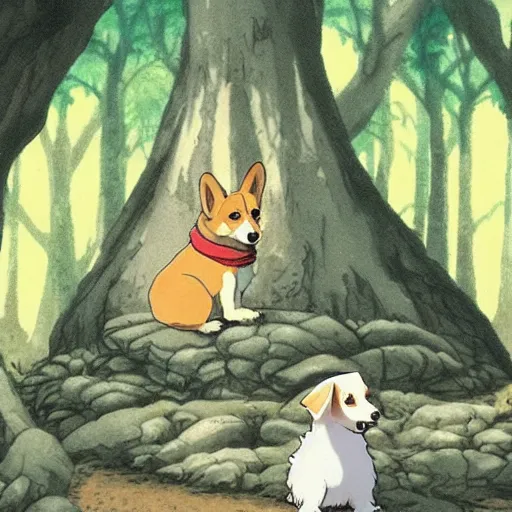 Prompt: a corgi puppy in an ancient magestic forest temple, scene from an anime by studio ghibli, beautiful, serene, detailed
