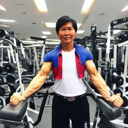 Prompt: A very muscular BongBong Marcos flexing in the gym