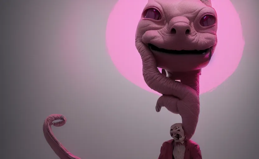 Image similar to a creepy slimy pink ocelot character, wearing a long beige trench coat, CGI, octane render, trending on artstation, 8K