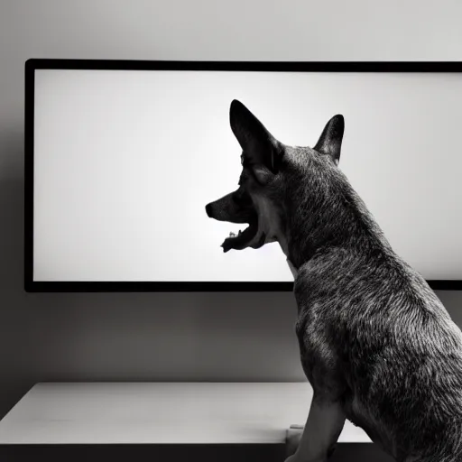 Image similar to barking angry dog looking at monitor photo dramatic lighting from behind