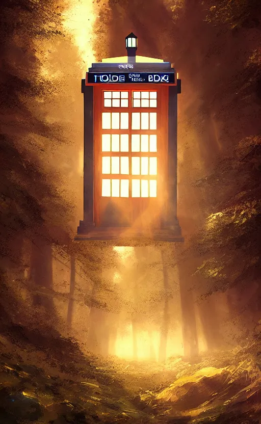 Image similar to a portrait of a tardis, in the woods, dynamic lighting, photorealistic fantasy concept art, trending on art station, stunning visuals, creative, cinematic, ultra detailed