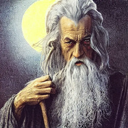 Image similar to Gandalf pondering his orb by Henry Gray and Alan Lee, Colourful