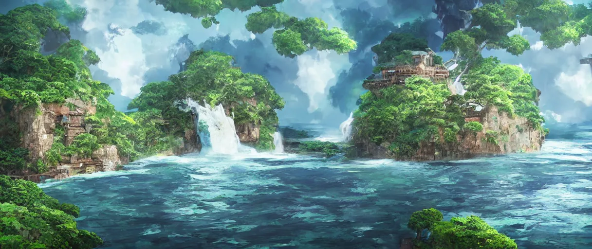 Image similar to a small crumbling island with waterfalls flowing off the island, floating in space, studio ghibli, digital art, detailed, depth of field