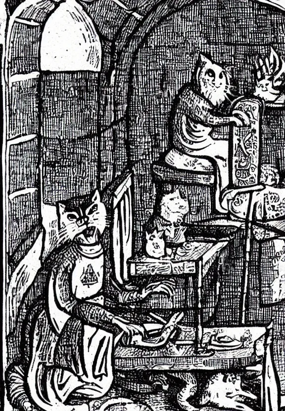 Image similar to [Grim medieval illustration of a cat watching youtube on a computer]