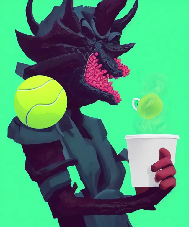 Image similar to a portrait of a tennis ball monster holding a coffee, fantasy, elegant, digital painting, artstation, concept art, matte, sharp focus, illustration, art by josan gonzalez