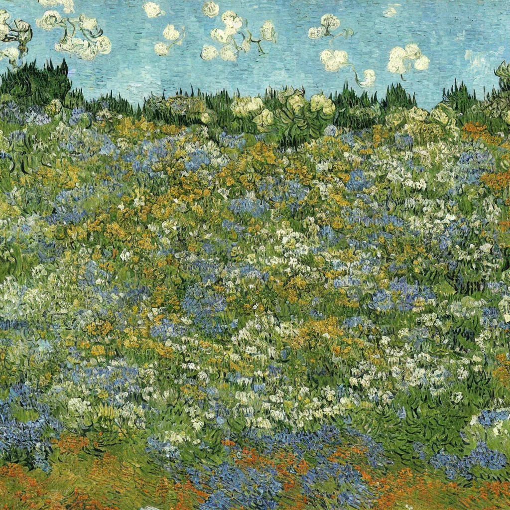 Image similar to a gorgeous garden on the edge of a cliff filled with beautiful flowers in different shades of pale green, van gogh