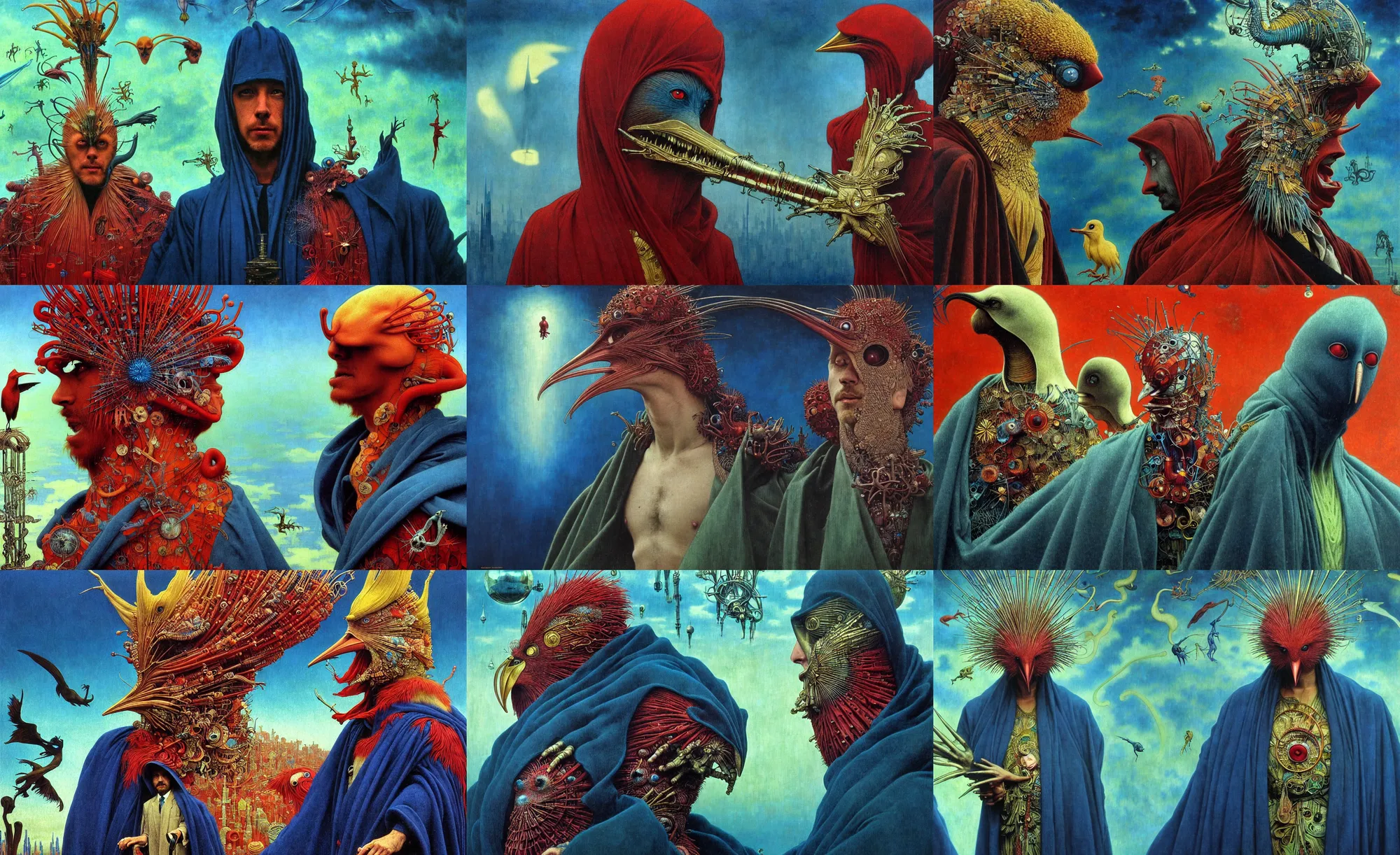 Prompt: realistic detailed portrait movie shot of a birdman wearing a dark robes, sci fi city landscape background by denis villeneuve, amano, yves tanguy, alphonse mucha, ernst haeckel, max ernst, roger dean, masterpiece, rich moody colours, dog teeth, blue eyes