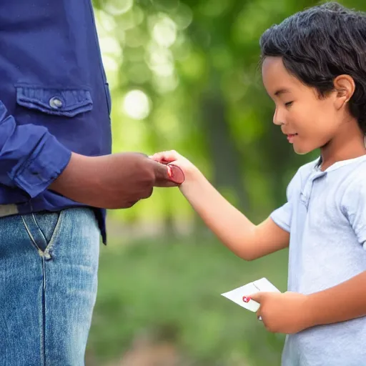 Image similar to a child exchanging a ticket for a coin from an adult, photorealistic