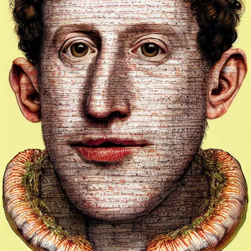 Image similar to marc zuckerberg portrait by giuseppe arcimboldo. the portrait consists of zucchinis of different sizes.