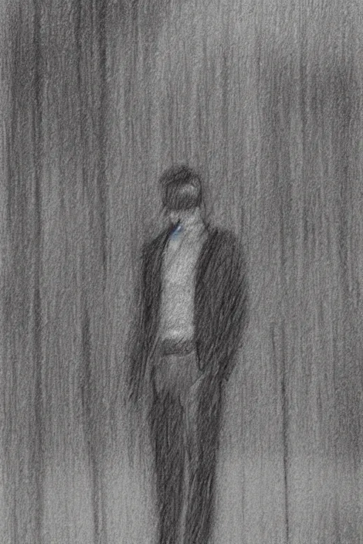 Image similar to a drawn man standing in the rain. pencil sketch.