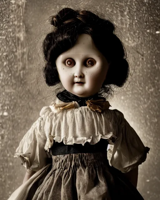 Image similar to closeup portrait of a creepy antique porcelain doll wearing a dirty dress with long wet black hair standing in a dimly lit filthy room in an abandoned old asylum at night, 8k octane render, cinematic, dramatic lighting, volumetric lighting, vintage photo