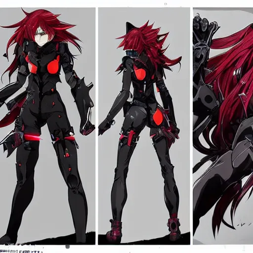 Image similar to An anime female with crimson hair, cat ears and tail, wearing an armor, drawn by Yoji Shinkawa highly detailed, trending on art station, sci-fi themed, dynamic posing