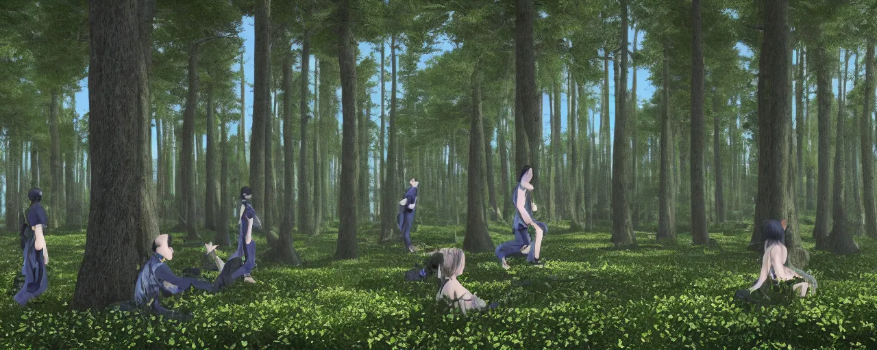 Prompt: duo playing music telepathically in a forest in mountains of Japan, in the style of artgerm, Ryoji Ikeda, Riyoko Ikeda, 3d render, artstation trending, 8k, photorealistic, sharp detail, bold pen lines