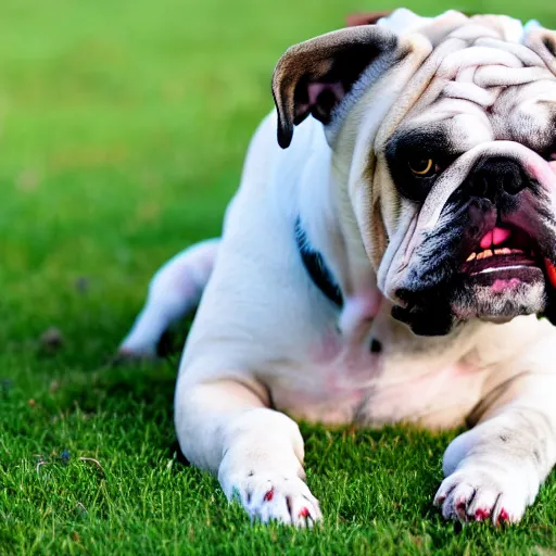 Prompt: photo of a bulldog, lying on the grass