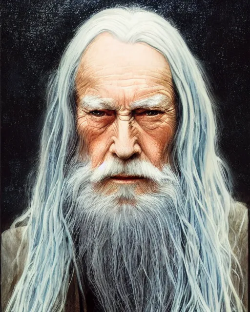 Prompt: portrait of 8 0 - year - old man, with blue eyes, very long silver hair, and very long silver beard, dumbledore, wearing in black cloak, hyper realistic face, beautiful eyes, fantasy art, in the style of greg rutkowski, intricate, alphonse mucha, hyper detailed, smooth