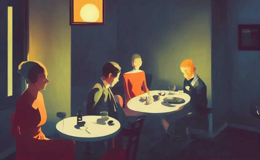 Prompt: a mysterious dinner scene illustration by atey ghailan and escher and edward hopper, surreal