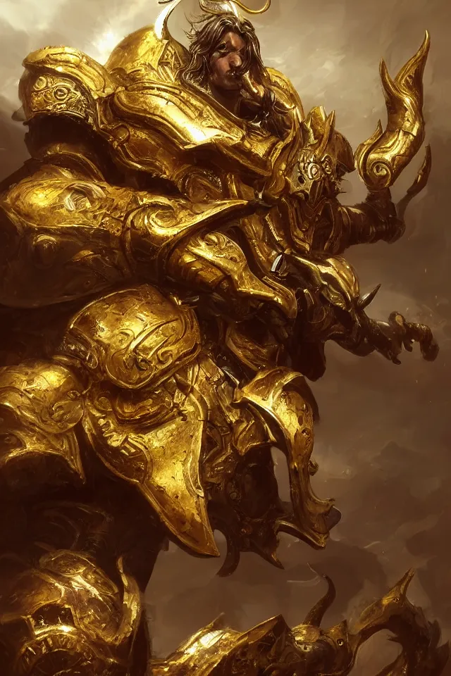 Image similar to concept art of the taurus, golden ox horn, lightingn eye, intricate details, detailed face, detailed armour, artstation, epic pose, ambient light