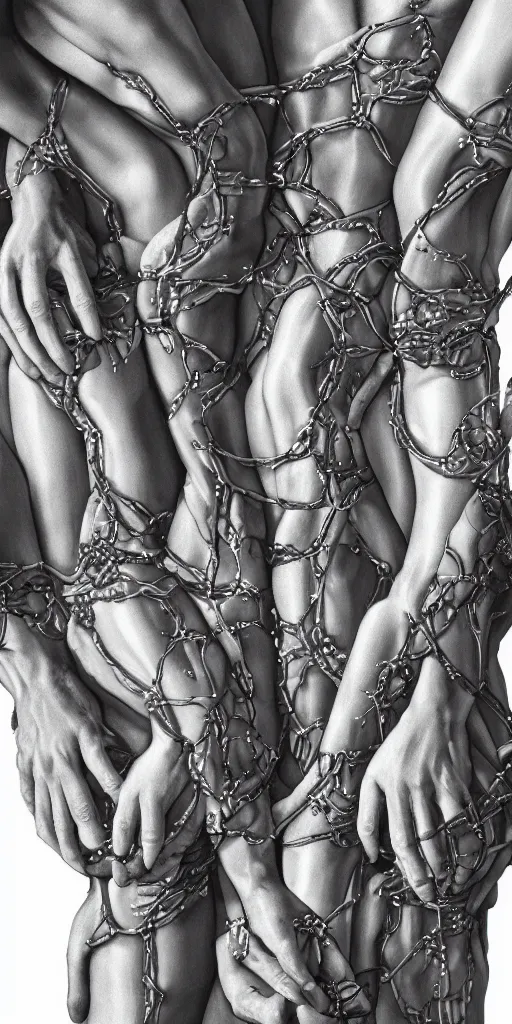 Image similar to closeup of beautiful human bodies intertwined, greebles, highly detailed, hyperrealism