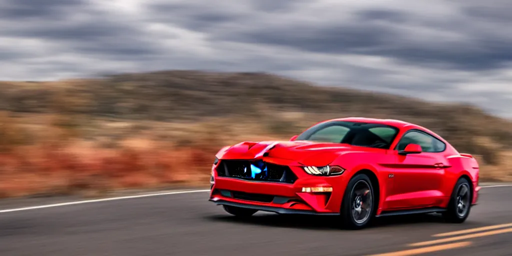 Prompt: red ford mustang driving on a highway