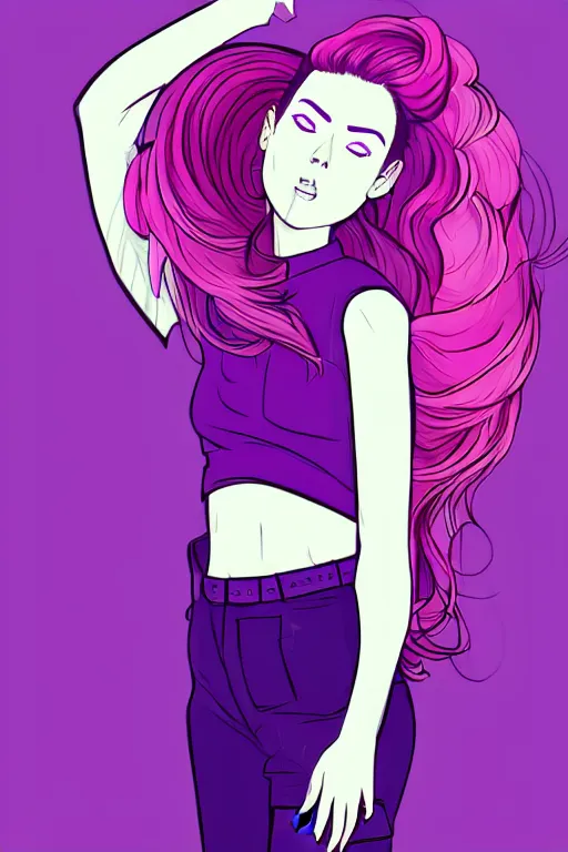 Image similar to a award winning half body portrait of a beautiful woman in a croptop and cargo pants with ombre purple pink teal hairstyle with head in motion and hair flying by wlop, outrun, vaporware, shaded flat illustration, digital art, trending on artstation, highly detailed, fine detail, intricate