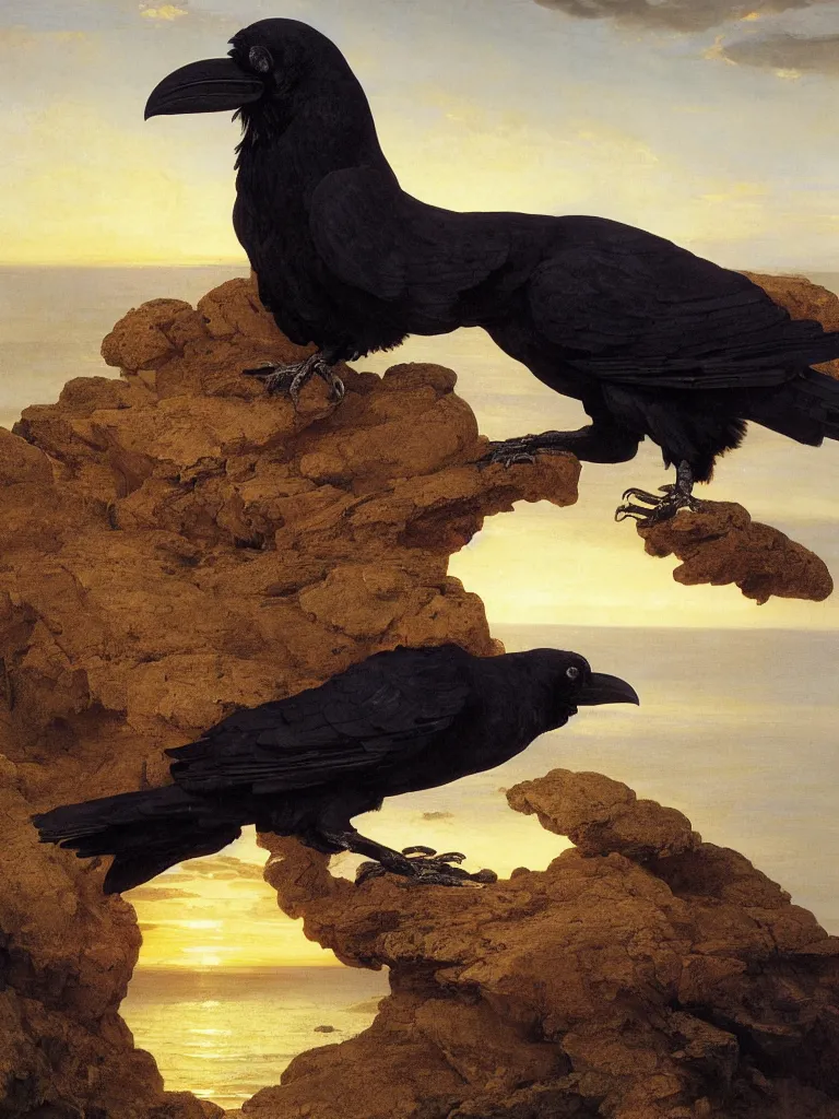 Image similar to a breathtakingly stunningly beautifully highly detailed close up portrait of a raven under a rock arch, epic coves crashing waves plants, beautiful clear harmonious composition, dynamically shot, wonderful strikingly beautiful serene sunset, detailed organic textures, by frederic leighton and rosetti and turner and eugene von guerard, 4 k