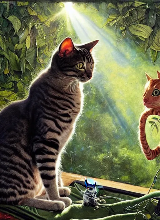 Image similar to a hyper realistic cat meeting an alien. and sunbeams blue sky, lush forest foliage painting by chiara bautista and norman rockwell and greg rutkowski weta studio, and lucasfilm