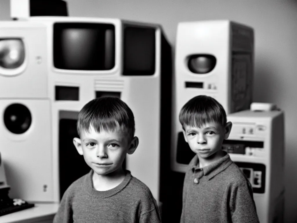 Image similar to realistic detailed image of a standing figure of a five years old boy in front of a PC computer from 90s in an old dirty soviet apartment, Photographed with Leica Summilux-M 24 mm lens, ISO 100, f/8, Portra 400, kodak film, anamorphic lenses. high quality