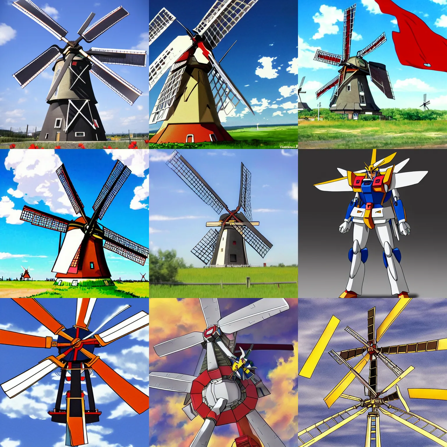 Prompt: gundam as dutch windmill in anime, gundam is windmill shaped, dutch windmill gundam