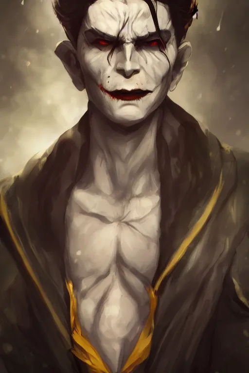 Prompt: A beautiful full body painting of a smug male vampire by Wlop and _Z eD_, handsome face, cloak, white hair, yellow eyes, trending on artstation, pixiv, 4k, HDR, unreal engine