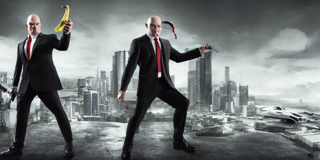 Prompt: agent 4 7 holding a banana, studio photo, award winning photography, dynamic lighting, hdr, stunning scenery, 8 k, incredible detail, beautiful